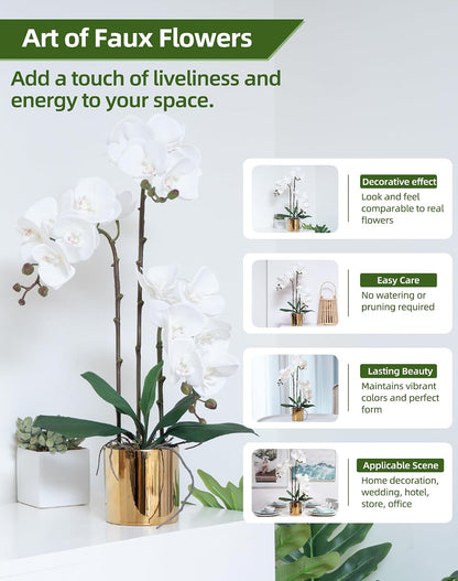 Artificial Orchid Flowers Real Touch Faux Flower in Vase Centerpiece Decor | Fake Silk Phalaenopsis Orchids, Realistic Petals&Leaves, Potted Plants for Home Office Hotel Room Restaurant Desktop(3 Stems)