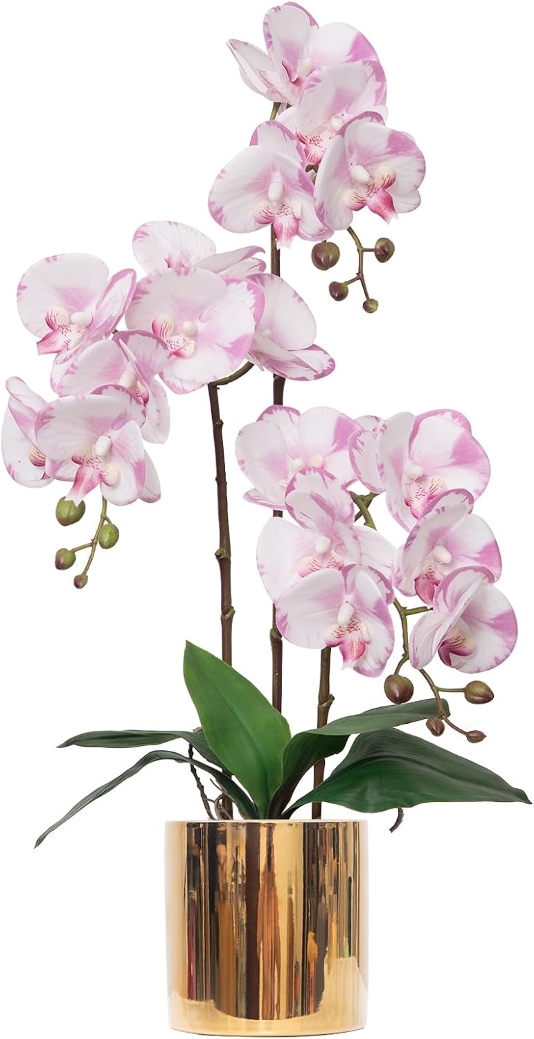 Artificial Orchid Flowers Real Touch Faux Flower in Vase Centerpiece Decor | Fake Silk Phalaenopsis Orchids, Realistic Petals&Leaves, Potted Plants for Home Office Hotel Room Restaurant Desktop(3 Stems)
