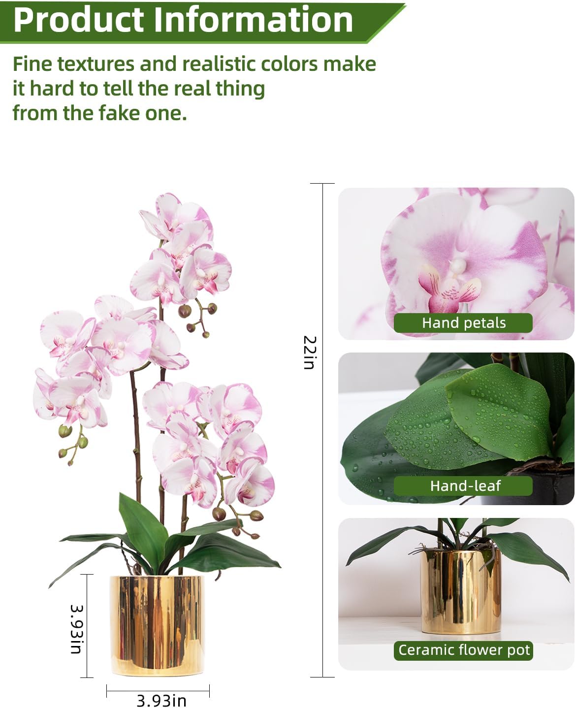 Artificial Orchid Flowers Real Touch Faux Flower in Vase Centerpiece Decor | Fake Silk Phalaenopsis Orchids, Realistic Petals&Leaves, Potted Plants for Home Office Hotel Room Restaurant Desktop(3 Stems)