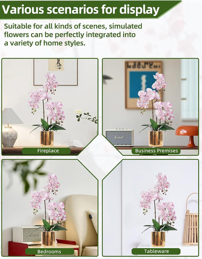 Artificial Orchid Flowers Real Touch Faux Flower in Vase Centerpiece Decor | Fake Silk Phalaenopsis Orchids, Realistic Petals&Leaves, Potted Plants for Home Office Hotel Room Restaurant Desktop(3 Stems)
