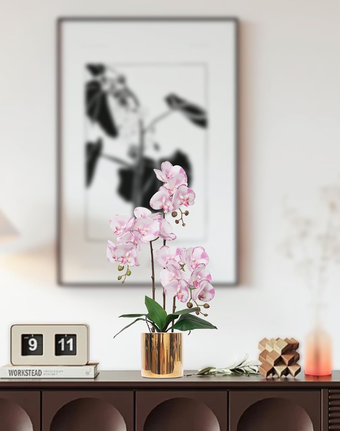 Artificial Orchid Flowers Real Touch Faux Flower in Vase Centerpiece Decor | Fake Silk Phalaenopsis Orchids, Realistic Petals&Leaves, Potted Plants for Home Office Hotel Room Restaurant Desktop(3 Stems)