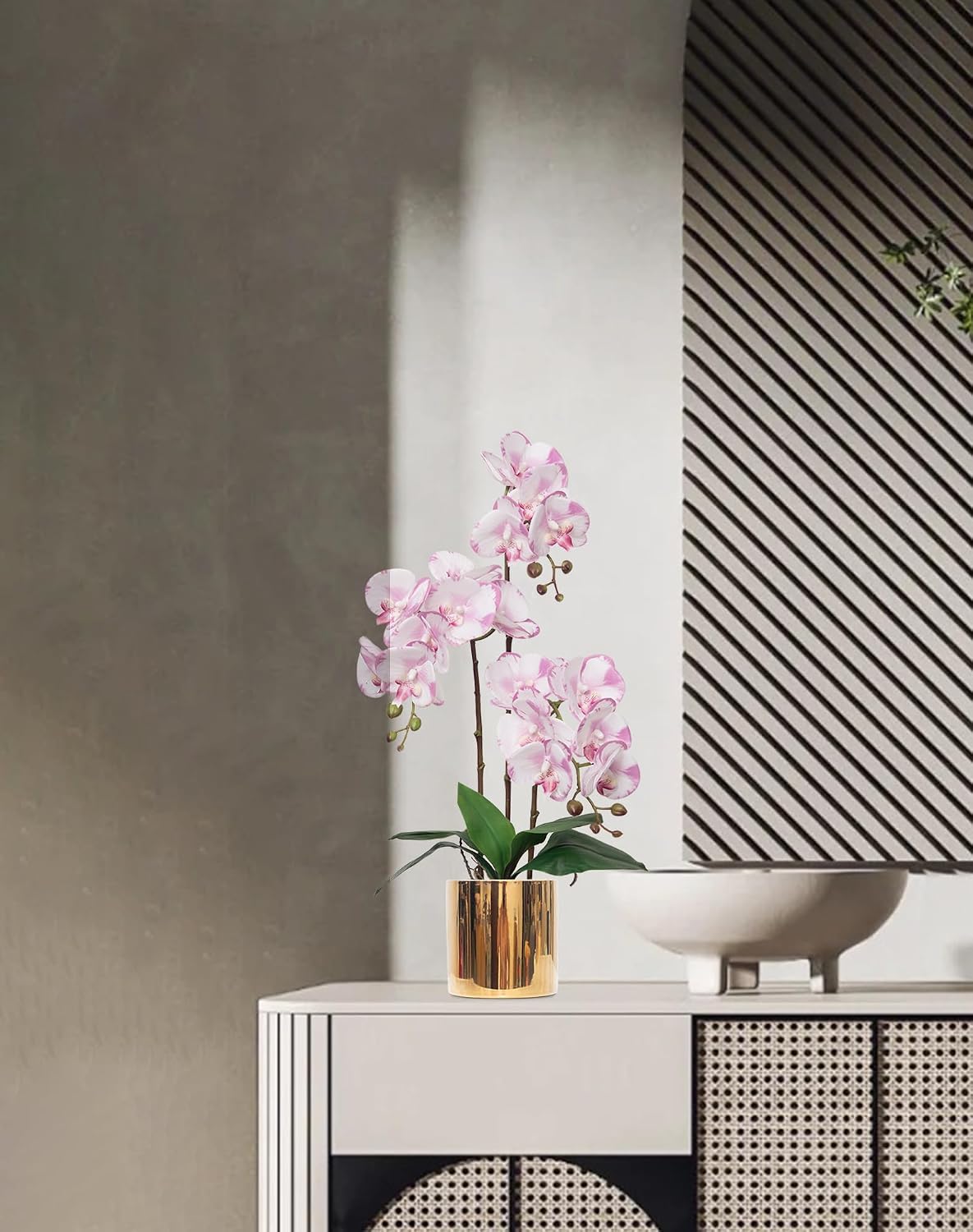 Artificial Orchid Flowers Real Touch Faux Flower in Vase Centerpiece Decor | Fake Silk Phalaenopsis Orchids, Realistic Petals&Leaves, Potted Plants for Home Office Hotel Room Restaurant Desktop(3 Stems)