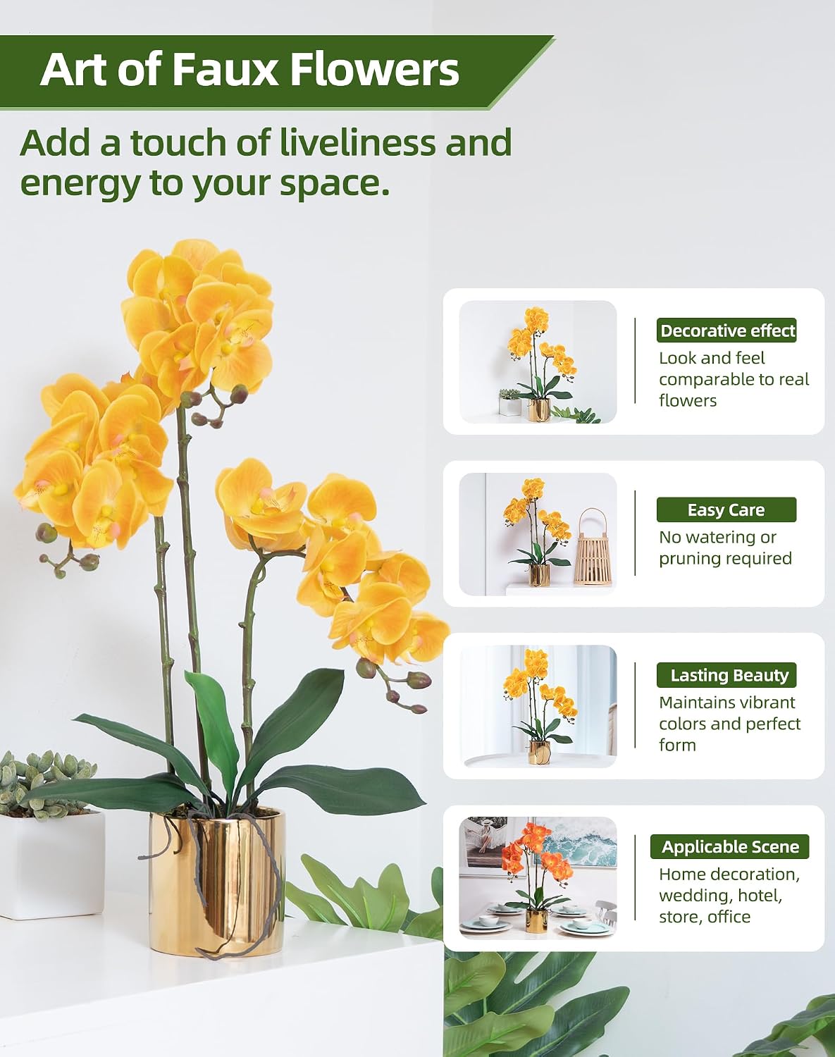 Artificial Orchid Flowers Real Touch Faux Flower in Vase Centerpiece Decor | Fake Silk Phalaenopsis Orchids, Realistic Petals&Leaves, Potted Plants for Home Office Hotel Room Restaurant Desktop(3 Stems)