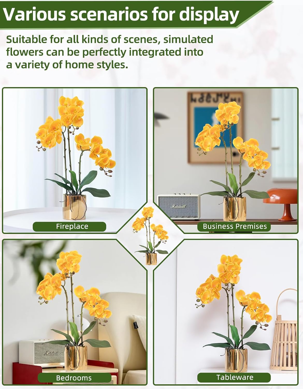 Artificial Orchid Flowers Real Touch Faux Flower in Vase Centerpiece Decor | Fake Silk Phalaenopsis Orchids, Realistic Petals&Leaves, Potted Plants for Home Office Hotel Room Restaurant Desktop(3 Stems)