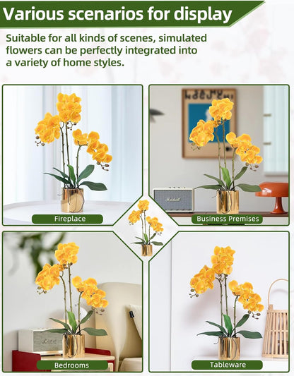 Artificial Orchid Flowers Real Touch Faux Flower in Vase Centerpiece Decor | Fake Silk Phalaenopsis Orchids, Realistic Petals&Leaves, Potted Plants for Home Office Hotel Room Restaurant Desktop(3 Stems)