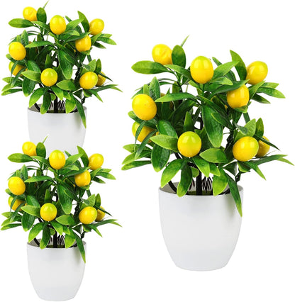 3 Pcs Artificial Lemon Tree, Mini Potted Plants Tree Bonsai Fake Green Pot in Pots for Home Office Decor, 3.78 x 9.45inch