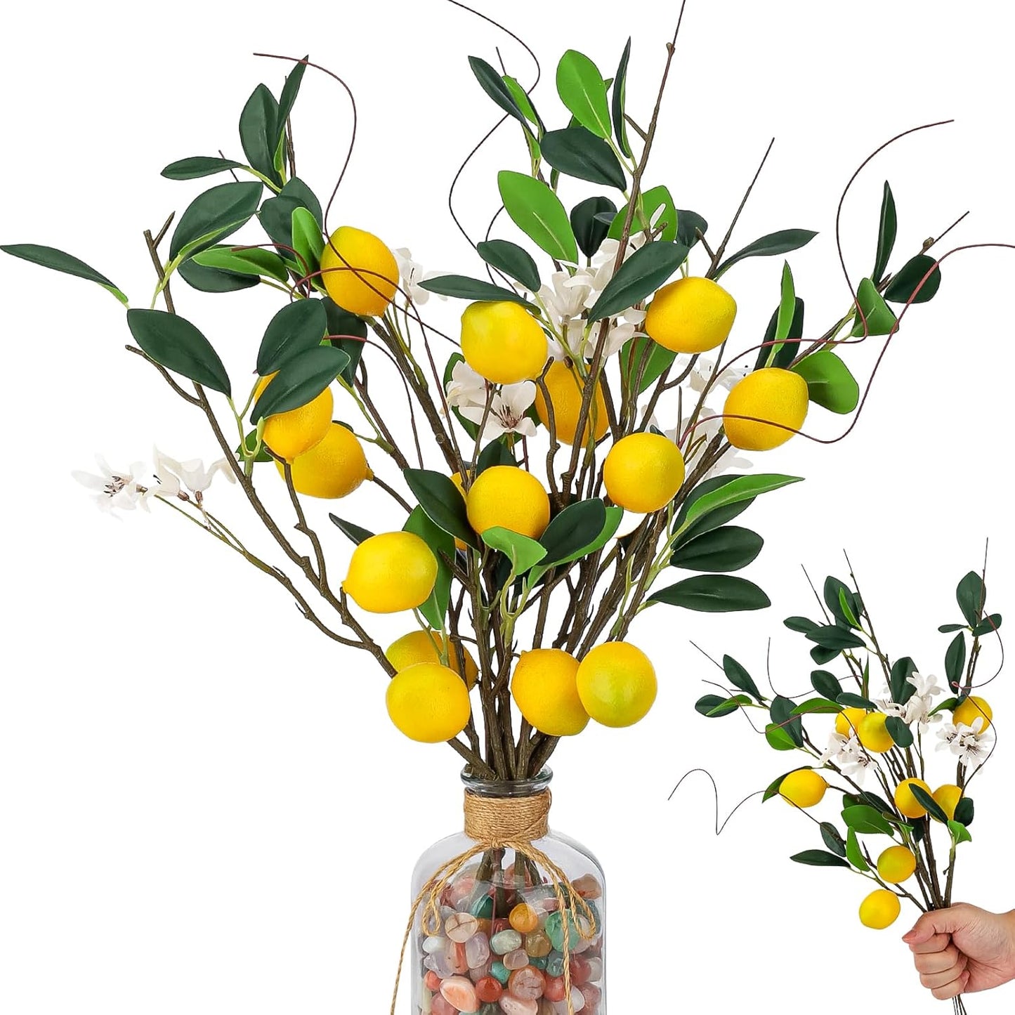 4 Pcs Artificial Lemons Branches 18.5 Inch Lemon Picks Fake Fruit | Simulation Lemon with Stem for Kitchen Decoration Vase Flower Arrangement Farmhouse Themed Party Wreath Home Decor