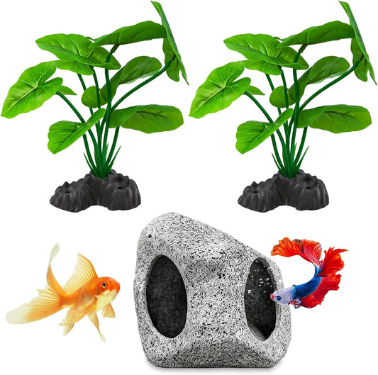Fish Tank Decor, Aquarium Decor Set Betta Fish Tank Decorations with Artificial Green Plants & Hideaway Rock Cave for Betta Goldfish Turtle Reptile Decoration