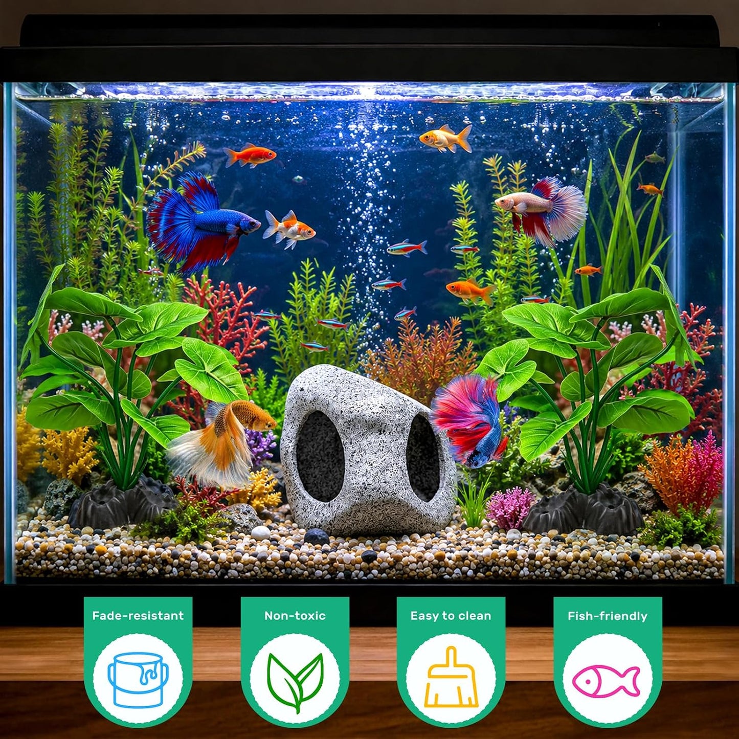 Fish Tank Decor, Aquarium Decor Set Betta Fish Tank Decorations with Artificial Green Plants & Hideaway Rock Cave for Betta Goldfish Turtle Reptile Decoration
