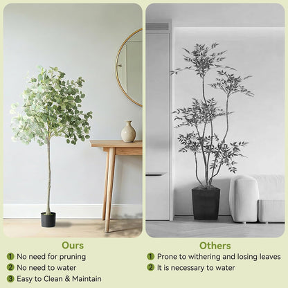6Ft Faux Eucalyptus Tree Fake Artificial Tree Indoor Outdoor | Tall Faux Floor Plant with Realistic Silk Leaves, Natural Trunk for Home, with Plastic Nursery Pot, Low Maintenance
