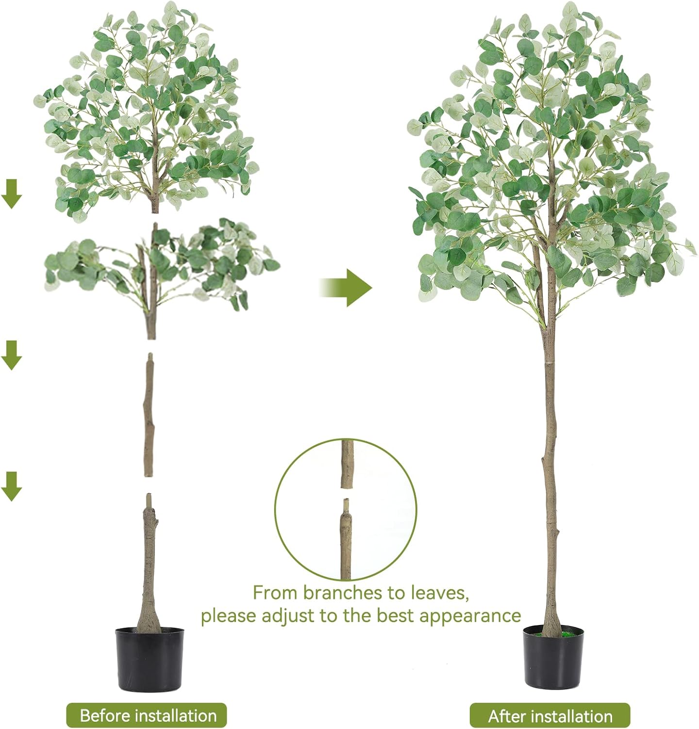 6Ft Faux Eucalyptus Tree Fake Artificial Tree Indoor Outdoor | Tall Faux Floor Plant with Realistic Silk Leaves, Natural Trunk for Home, with Plastic Nursery Pot, Low Maintenance