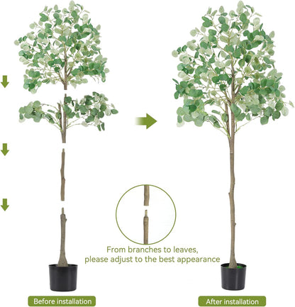 6Ft Faux Eucalyptus Tree Fake Artificial Tree Indoor Outdoor | Tall Faux Floor Plant with Realistic Silk Leaves, Natural Trunk for Home, with Plastic Nursery Pot, Low Maintenance