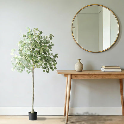 6Ft Faux Eucalyptus Tree Fake Artificial Tree Indoor Outdoor | Tall Faux Floor Plant with Realistic Silk Leaves, Natural Trunk for Home, with Plastic Nursery Pot, Low Maintenance