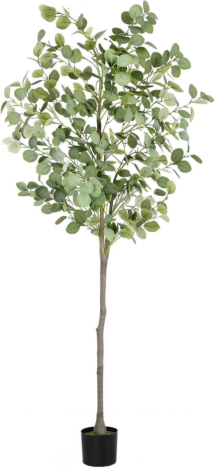 6Ft Faux Eucalyptus Tree Fake Artificial Tree Indoor Outdoor | Tall Faux Floor Plant with Realistic Silk Leaves, Natural Trunk for Home, with Plastic Nursery Pot, Low Maintenance