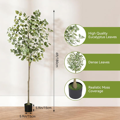 6Ft Faux Eucalyptus Tree Fake Artificial Tree Indoor Outdoor | Tall Faux Floor Plant with Realistic Silk Leaves, Natural Trunk for Home, with Plastic Nursery Pot, Low Maintenance