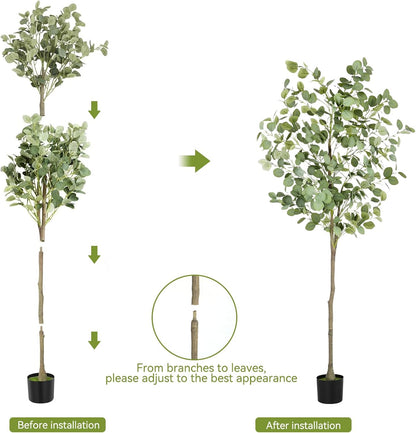 6Ft Faux Eucalyptus Tree Fake Artificial Tree Indoor Outdoor | Tall Faux Floor Plant with Realistic Silk Leaves, Natural Trunk for Home, with Plastic Nursery Pot, Low Maintenance