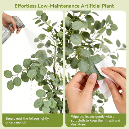 6Ft Faux Eucalyptus Tree Fake Artificial Tree Indoor Outdoor | Tall Faux Floor Plant with Realistic Silk Leaves, Natural Trunk for Home, with Plastic Nursery Pot, Low Maintenance