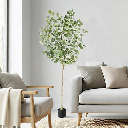 6Ft Faux Eucalyptus Tree Fake Artificial Tree Indoor Outdoor | Tall Faux Floor Plant with Realistic Silk Leaves, Natural Trunk for Home, with Plastic Nursery Pot, Low Maintenance