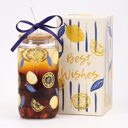 Lemon Glass Cups with Lid and Straw, Cute Lemon Gift for Women | Iced Coffee Tumbler Mug for Birthday Bridal Shower Wedding Summer Party Gift for Women Mom Friends Teen Girls Stuff 16oz
