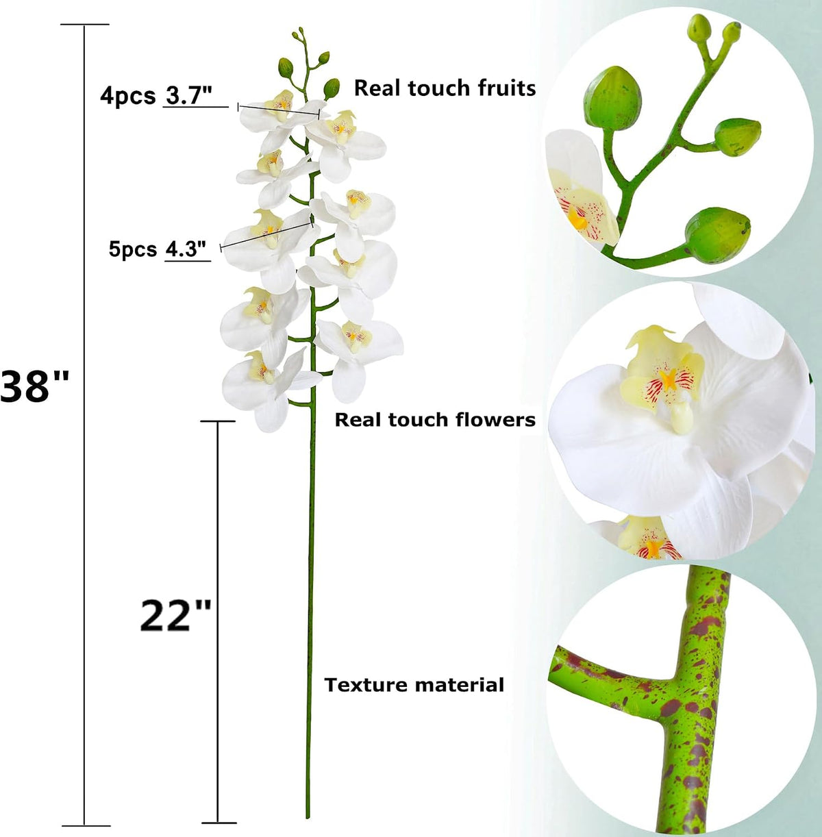 38 Inch Artificial Phalaenopsis Flowers Branches Real Touch (Not Silk) Orchids Flowers for Home Office Wedding Decoration,Pack of 2 (White)