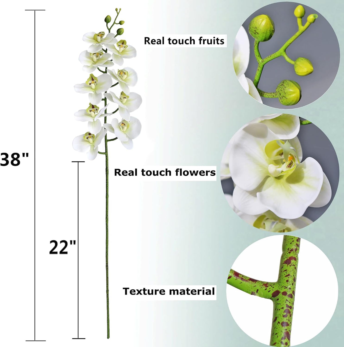 38 Inch Artificial Phalaenopsis Flowers Branches Real Touch (Not Silk) Orchids Flowers for Home Office Wedding Decoration,Pack of 2 (White)