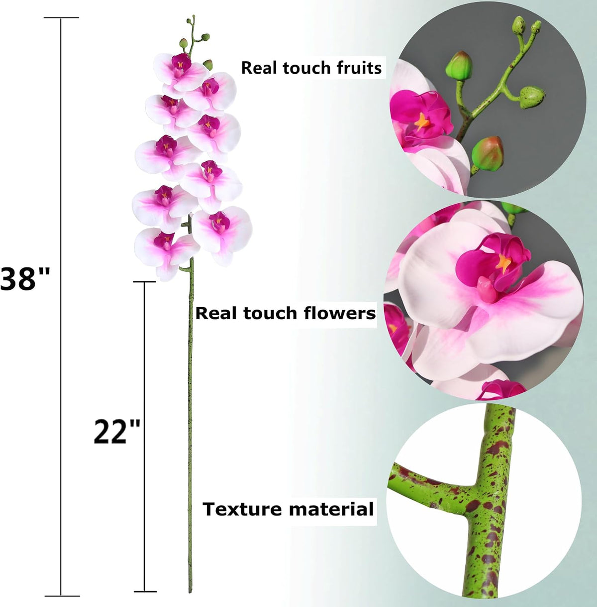 38 Inch Artificial Phalaenopsis Flowers Branches Real Touch (Not Silk) Orchids Flowers for Home Office Wedding Decoration,Pack of 2 (White)