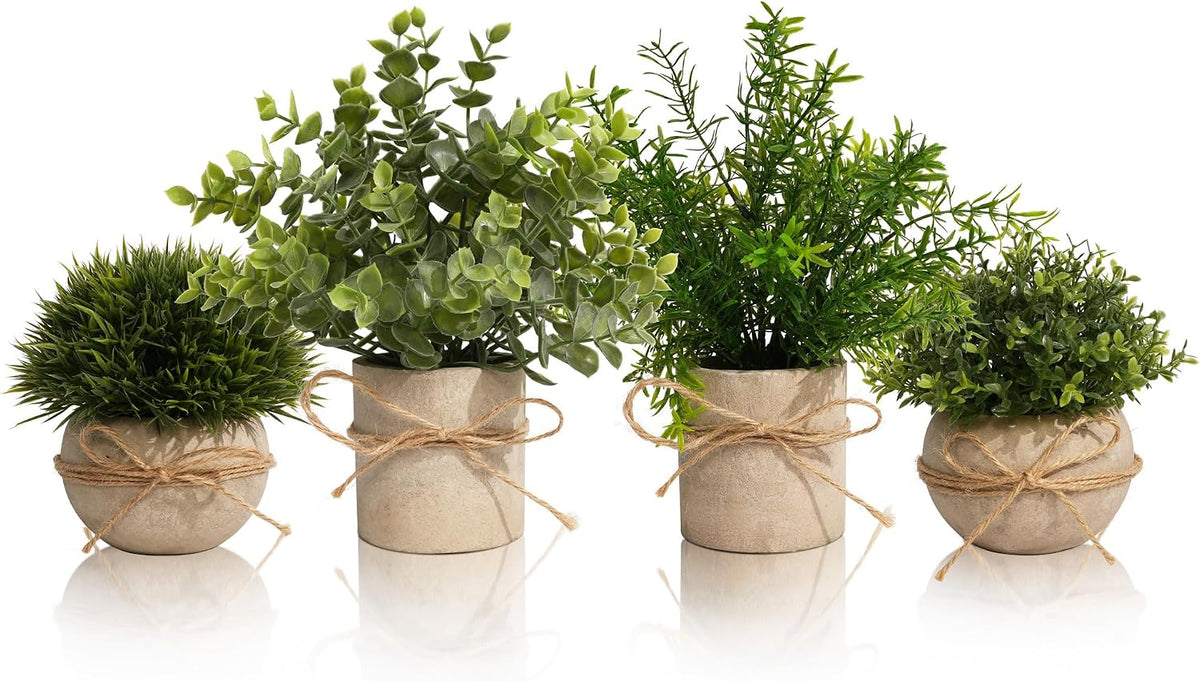 4 Pack Small Potted Eucalyptus Fake Plants for Bathroom Shelf