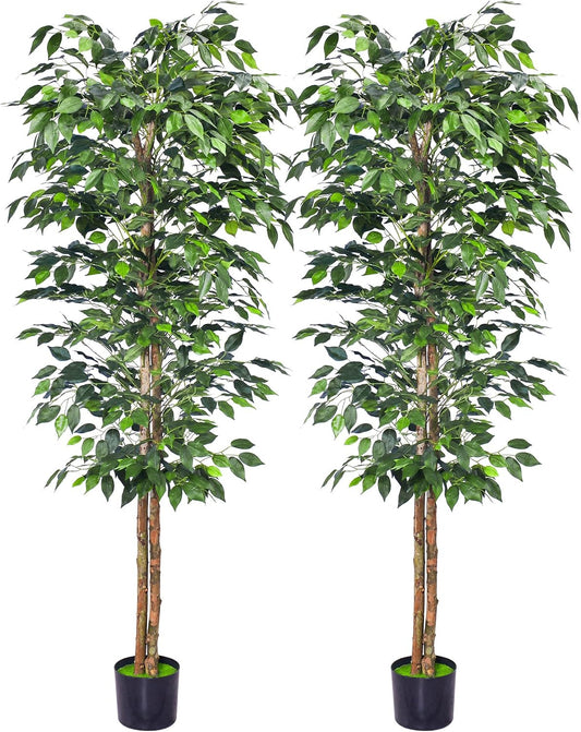 6FT Artificial Ficus Trees with Realistic Leaves and Natural Trunk, Faux Ficus Tree with Sturdy Plastic Nursery Pot, Fake Ficus Tree for Office Home Farmhouse for Indoor Outdoor Decor