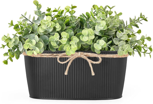 Fake Eucalyptus Plants Indoor for Farmhouse Home Decor Artificial Faux Plants in Rustic Rectangular Pots Table Centerpiece for Bathroom Office Living Room Shelf Laundry Decor, 7" L x 4" H | Realistic Eucalyptus, Metal Rustic Rectangular Pot, Table