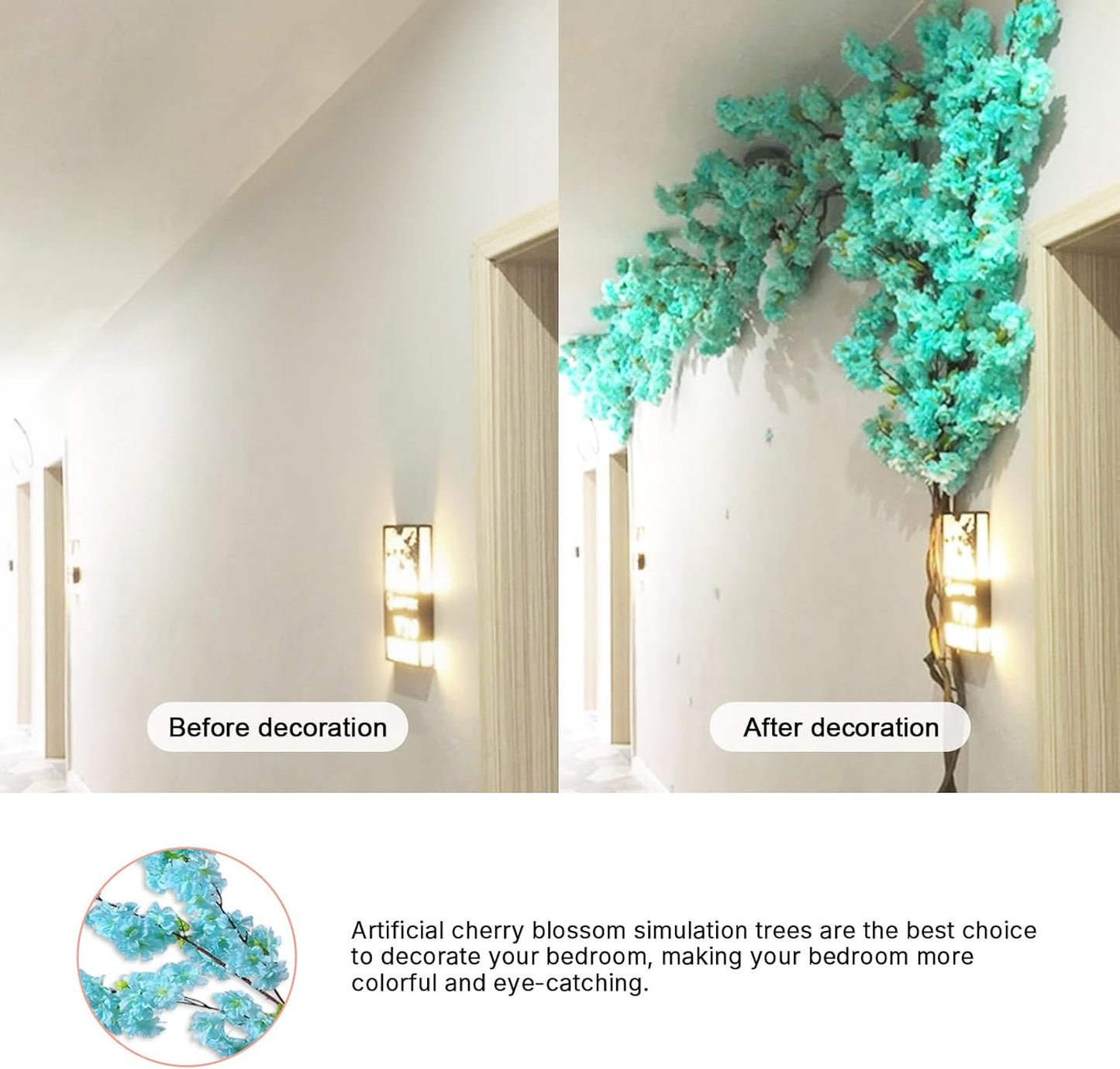 Artificial Cherry Blossom Trees - Fake Flower Background Walls with Simulated Branch and Rattan Design - for Indoor Ceiling Air Conditioning Pipe Ornamental(Blue)