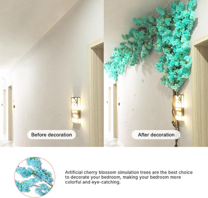 Artificial Cherry Blossom Trees - Fake Flower Background Walls with Simulated Branch and Rattan Design - for Indoor Ceiling Air Conditioning Pipe Ornamental(Blue)
