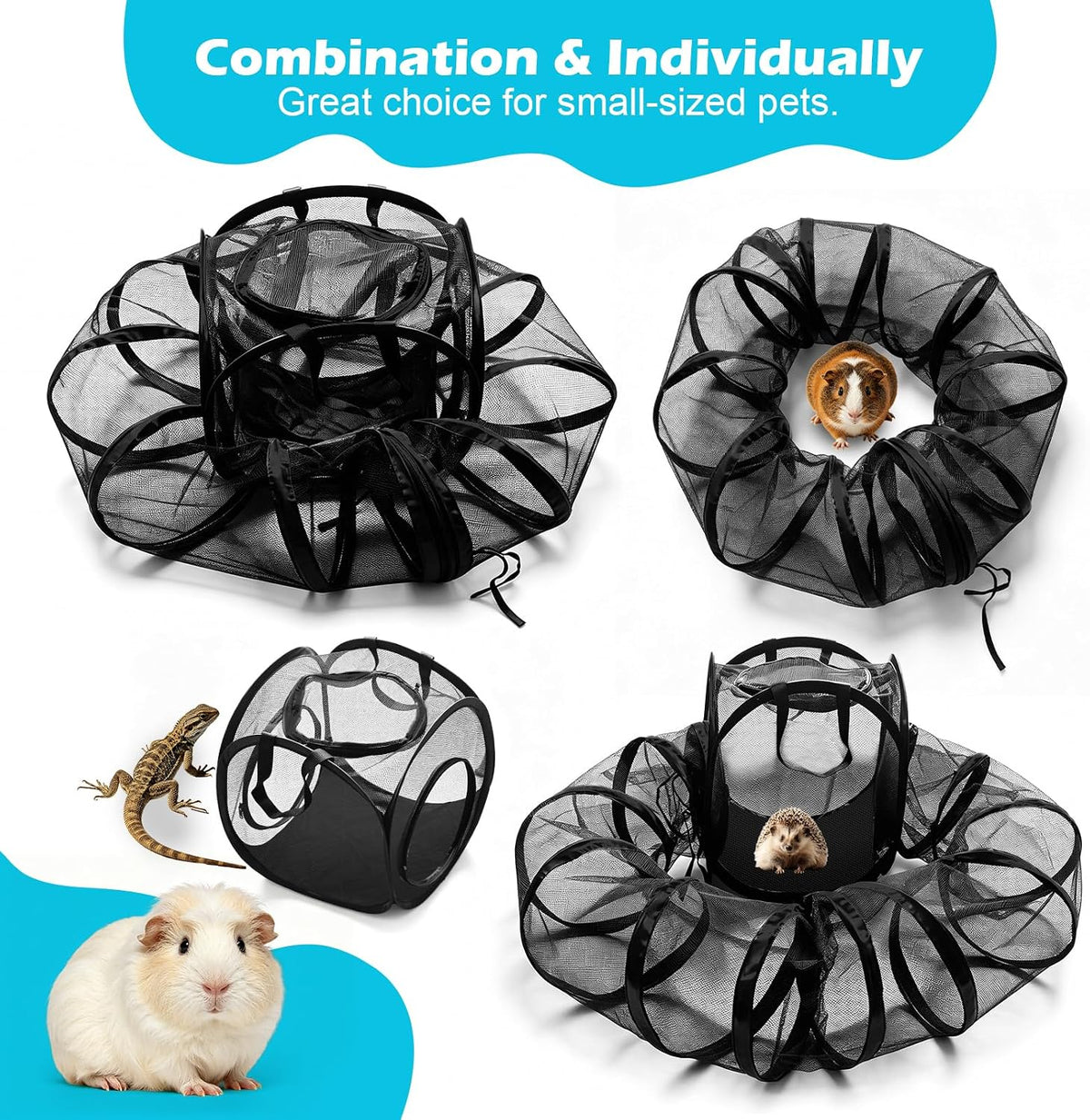 Small Animal Playpen with Surround Tunnel, Portable Foldable Outdoor Guinea Pigs Playpen with Carrying Handle, Breathable Mesh Playpen for Kitten, Hedgehog, Snake, Rabbit, Lizard, Small Pets