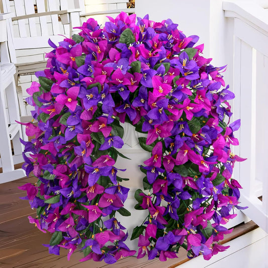 2 Pcs Artificial Hanging Bougainvillea for Outdoors, Mix Fuschia | UV resistant hanging flowers, realistic no fade faux plants, outside planters patio garden yard front door porch decoration