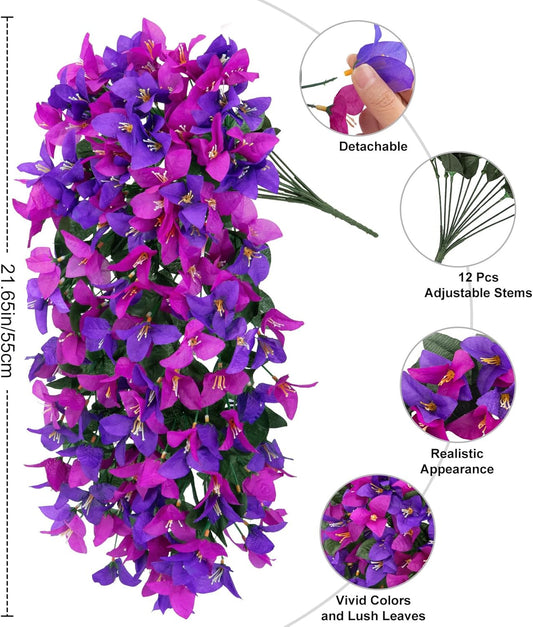 2 Pcs Artificial Hanging Bougainvillea for Outdoors, Mix Fuschia | UV resistant hanging flowers, realistic no fade faux plants, outside planters patio garden yard front door porch decoration