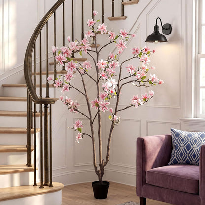 6 FT Tall Artificial Magnolia Tree, 72 Inches Faux Magnolia Trees Realistic UV-Resistant Flower Leaves Plant with Pot for Patio Home Office Wedding Living Room Indoor Outdoor Decor(Deep Pink)