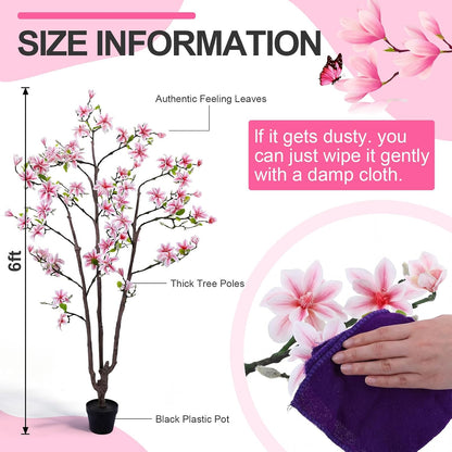 6 FT Tall Artificial Magnolia Tree, 72 Inches Faux Magnolia Trees Realistic UV-Resistant Flower Leaves Plant with Pot for Patio Home Office Wedding Living Room Indoor Outdoor Decor(Deep Pink)