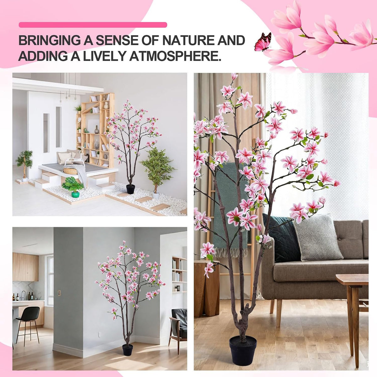 6 FT Tall Artificial Magnolia Tree, 72 Inches Faux Magnolia Trees Realistic UV-Resistant Flower Leaves Plant with Pot for Patio Home Office Wedding Living Room Indoor Outdoor Decor(Deep Pink)