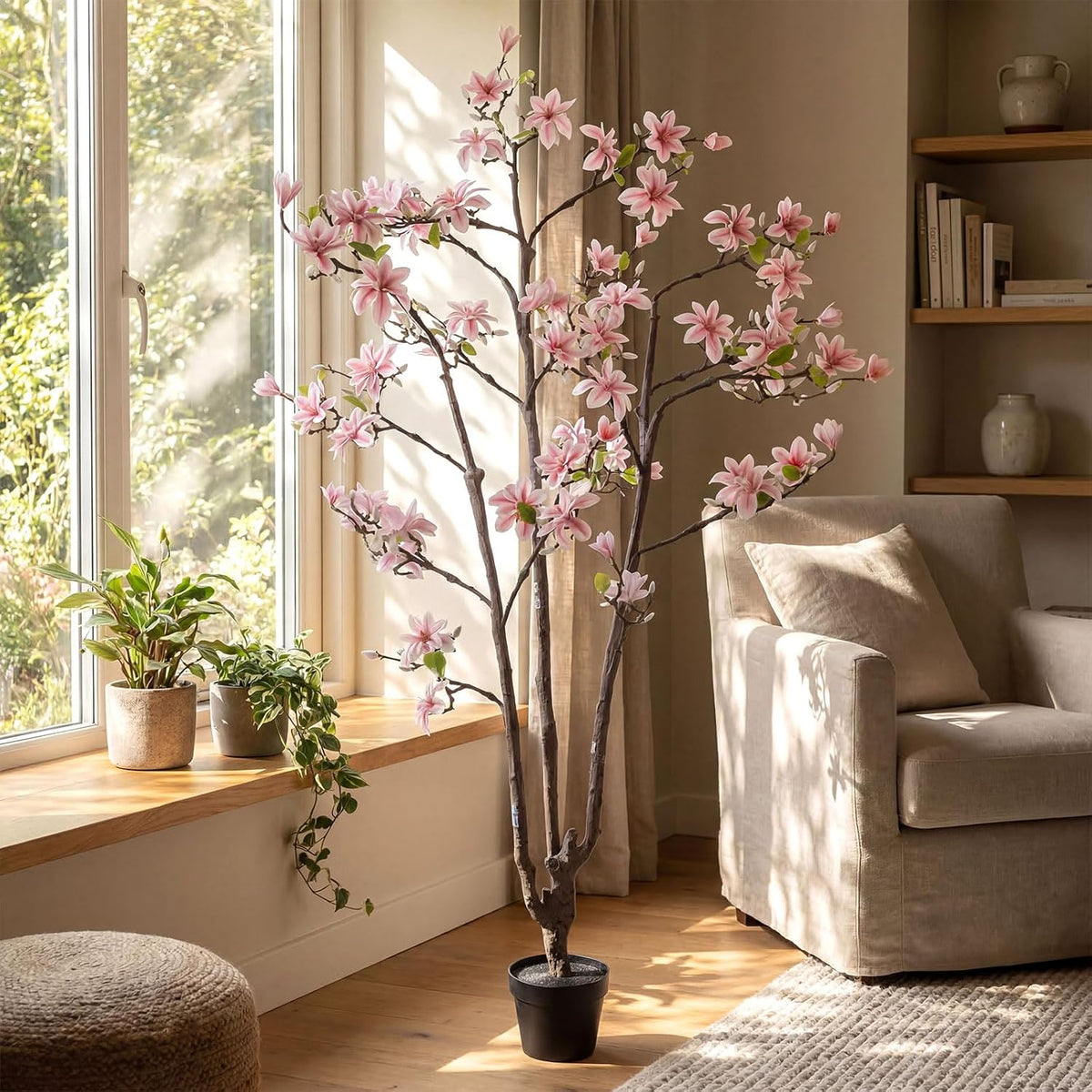 6 FT Tall Artificial Magnolia Tree, 72 Inches Faux Magnolia Trees Realistic UV-Resistant Flower Leaves Plant with Pot for Patio Home Office Wedding Living Room Indoor Outdoor Decor(Deep Pink)