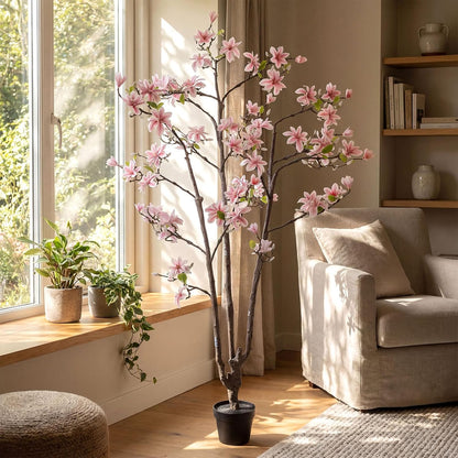 6 FT Tall Artificial Magnolia Tree, 72 Inches Faux Magnolia Trees Realistic UV-Resistant Flower Leaves Plant with Pot for Patio Home Office Wedding Living Room Indoor Outdoor Decor(Deep Pink)