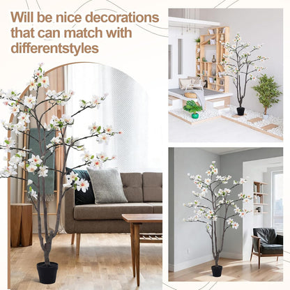 6 FT Tall Artificial Magnolia Tree, 72 Inches Faux Magnolia Trees Realistic UV-Resistant Flower Leaves Plant with Pot for Patio Home Office Wedding Living Room Indoor Outdoor Decor(Deep Pink)