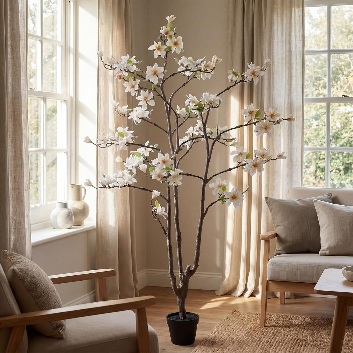 6 FT Tall Artificial Magnolia Tree, 72 Inches Faux Magnolia Trees Realistic UV-Resistant Flower Leaves Plant with Pot for Patio Home Office Wedding Living Room Indoor Outdoor Decor(Deep Pink)
