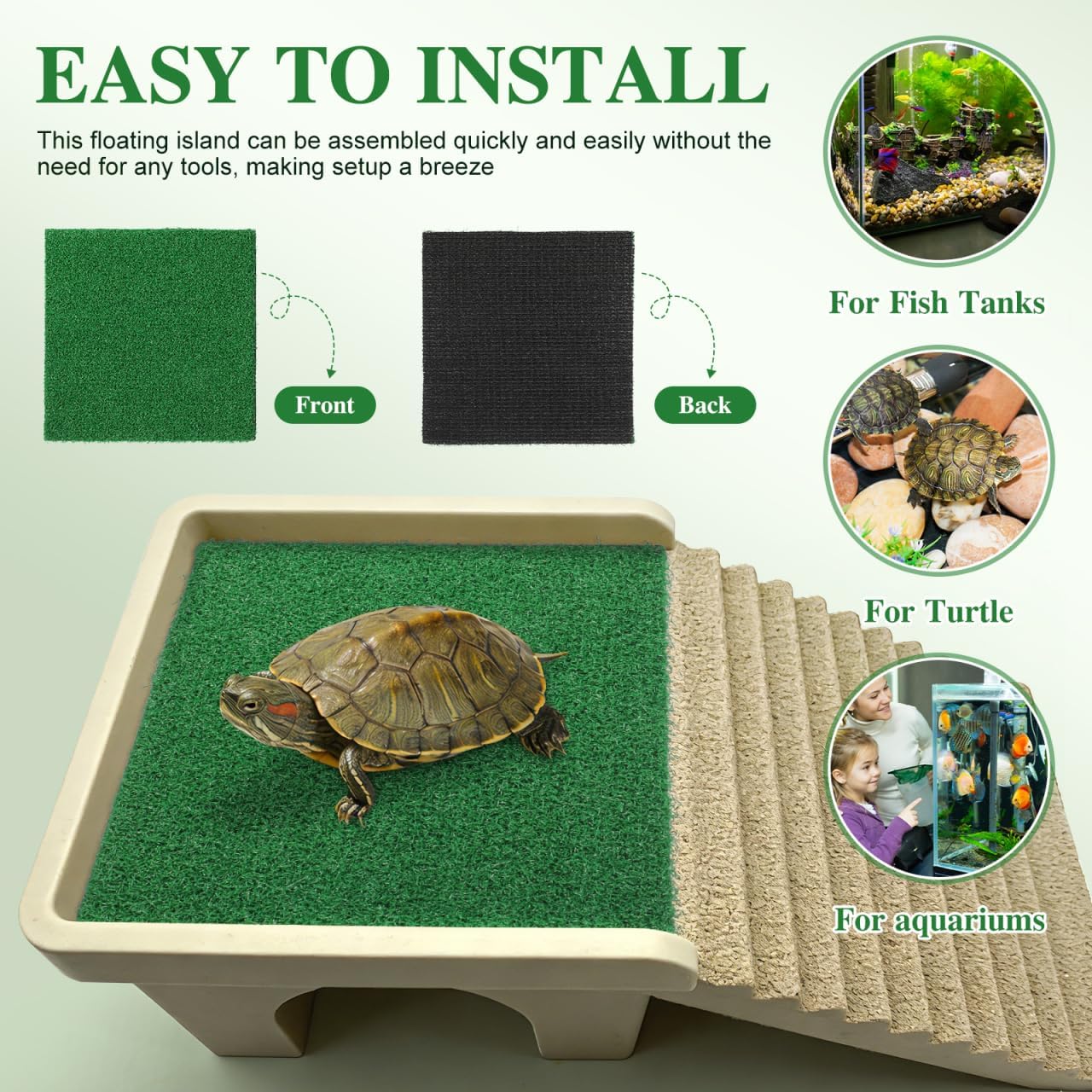 Artificial Grass Square Mat Fake Turf Patch Turtle Basking Platform with Ramp Outdoor Floating Synthetic Grass Tiles for Pet Reptile Habitat