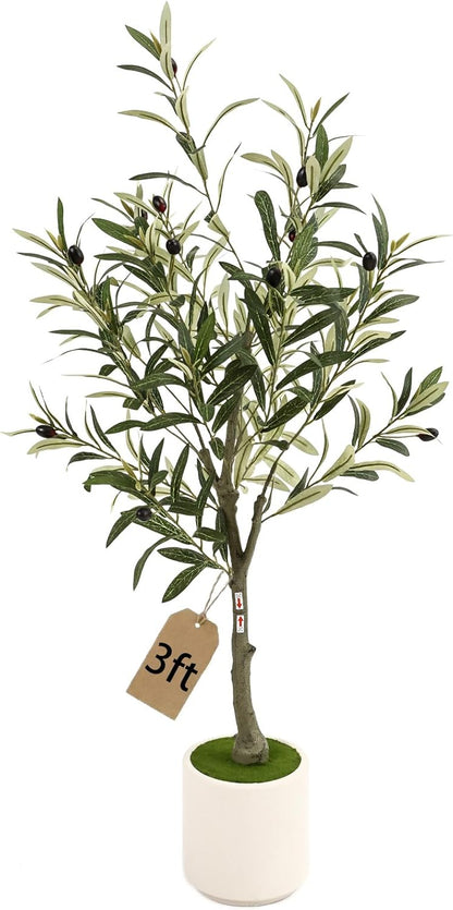 3FT Spherical Fake Olive Tree Artificial Indoor,Faux Olive Tree with Pot,Large Olive Branches and Lifelike Fruits,for Home Office House Living Room Decor.