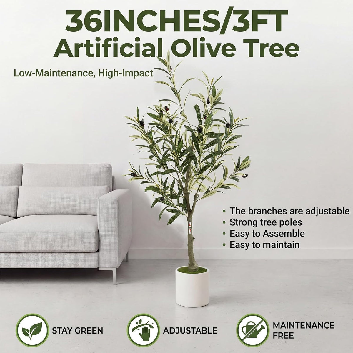 3FT Spherical Fake Olive Tree Artificial Indoor,Faux Olive Tree with Pot,Large Olive Branches and Lifelike Fruits,for Home Office House Living Room Decor.