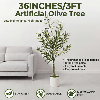 3FT Spherical Fake Olive Tree Artificial Indoor,Faux Olive Tree with Pot,Large Olive Branches and Lifelike Fruits,for Home Office House Living Room Decor.
