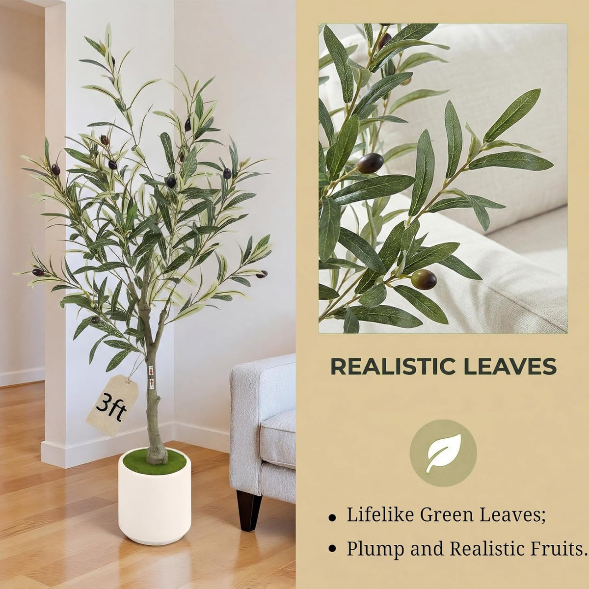 3FT Spherical Fake Olive Tree Artificial Indoor,Faux Olive Tree with Pot,Large Olive Branches and Lifelike Fruits,for Home Office House Living Room Decor.