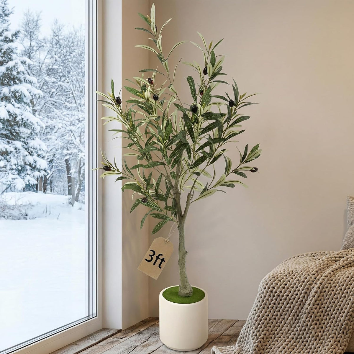 3FT Spherical Fake Olive Tree Artificial Indoor,Faux Olive Tree with Pot,Large Olive Branches and Lifelike Fruits,for Home Office House Living Room Decor.