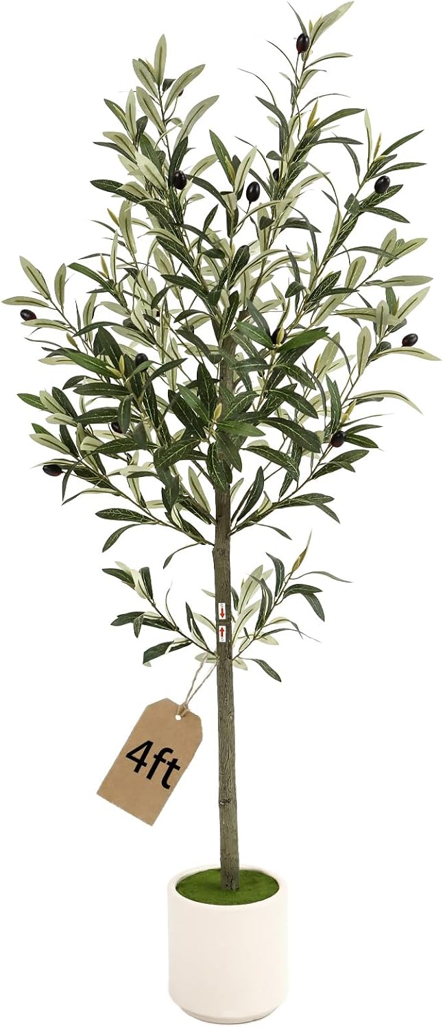 3FT Spherical Fake Olive Tree Artificial Indoor,Faux Olive Tree with Pot,Large Olive Branches and Lifelike Fruits,for Home Office House Living Room Decor.