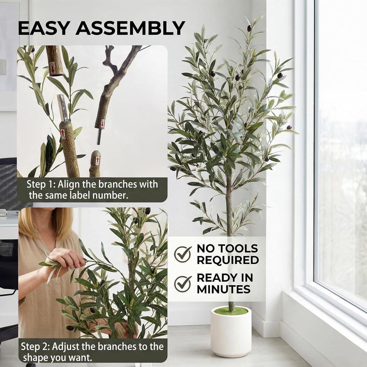 3FT Spherical Fake Olive Tree Artificial Indoor,Faux Olive Tree with Pot,Large Olive Branches and Lifelike Fruits,for Home Office House Living Room Decor.