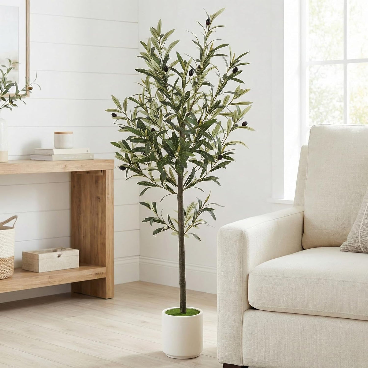 3FT Spherical Fake Olive Tree Artificial Indoor,Faux Olive Tree with Pot,Large Olive Branches and Lifelike Fruits,for Home Office House Living Room Decor.